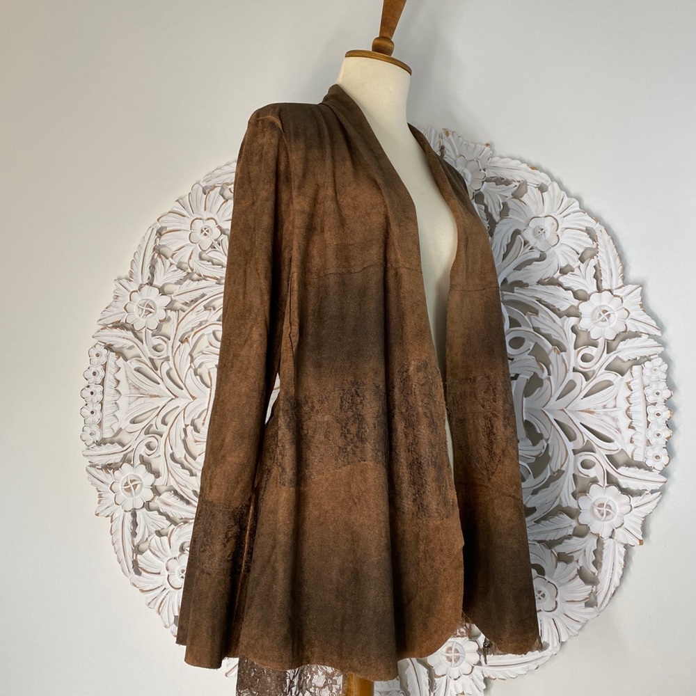 Faux Suede Cardigan Jacket with Lace Accents